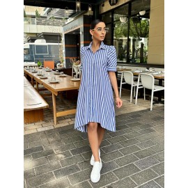 Striped Short Sleeve Casual Sports Dress, Button Non-Stretch  Summer Dress For Women, Women's Clothing