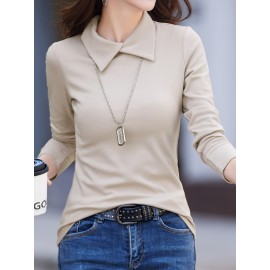 Solid Mock Neck T-Shirt, Casual Long Sleeve T-Shirt For Spring & Fall, Women's Clothing