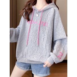 Letter Print Embroidered Drawstring Thermal Hoodie, Casual Printed Long Sleeve Hoodies Sweatshirts, Women's Clothing