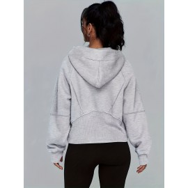 Solid Half Zip Kangaroo Pockets Hoodie, Casual Long Sleeve Hoodie For Spring & Fall, Women's Clothing