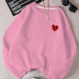 Heart Pattern Pullover Sweatshirt, Casual Long Sleeve Crew Neck Sweatshirt For Fall & Winter, Women's Clothing