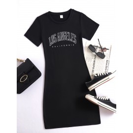 Letter Print Bodycon Tee Dress, Casual Crew Neck Short Sleeve Dress, Women's Clothing