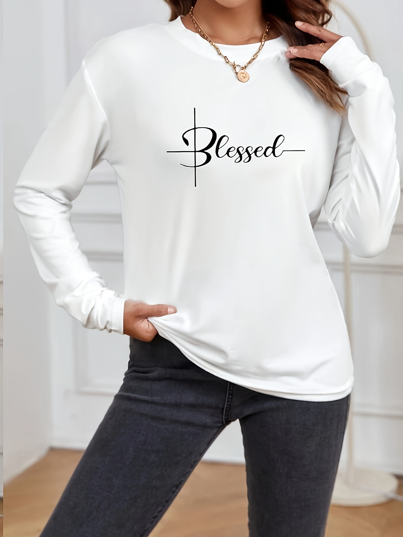 blessed print crew neck t shirt casual long sleeve t shirt womens clothing details 2