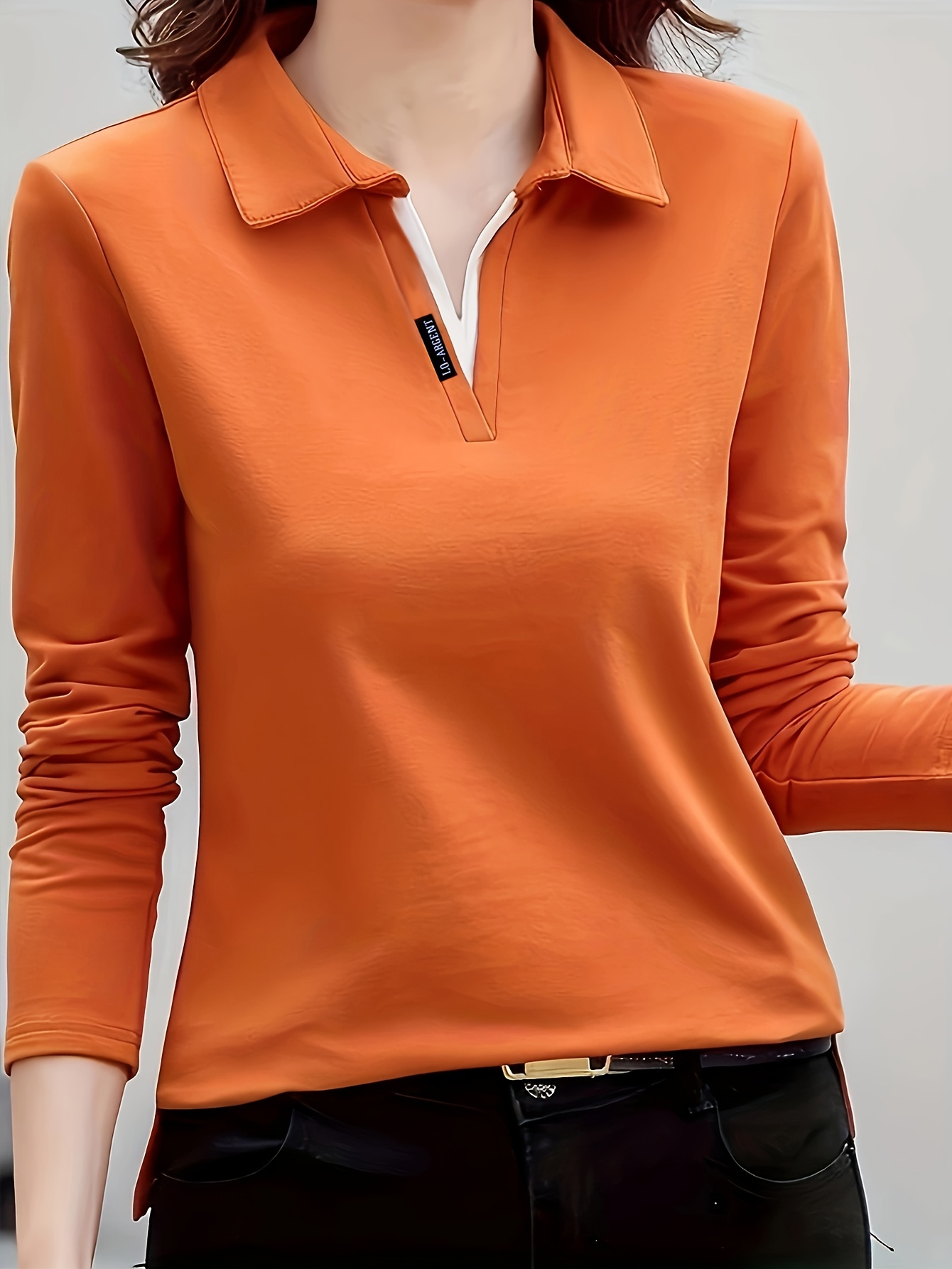 solid polo collar t shirt casual long sleeve top for spring fall womens clothing details 11