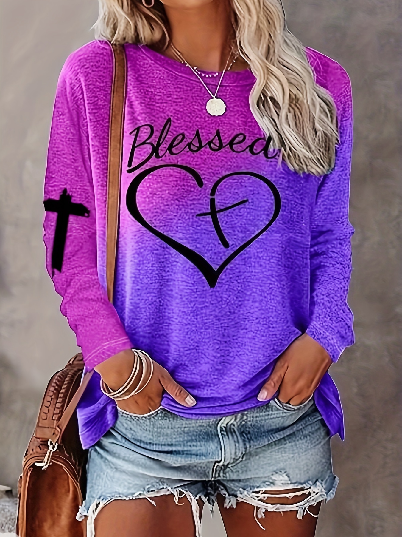 letter heart print t shirt casual long sleeve crew neck t shirt for spring summer womens clothing details 9