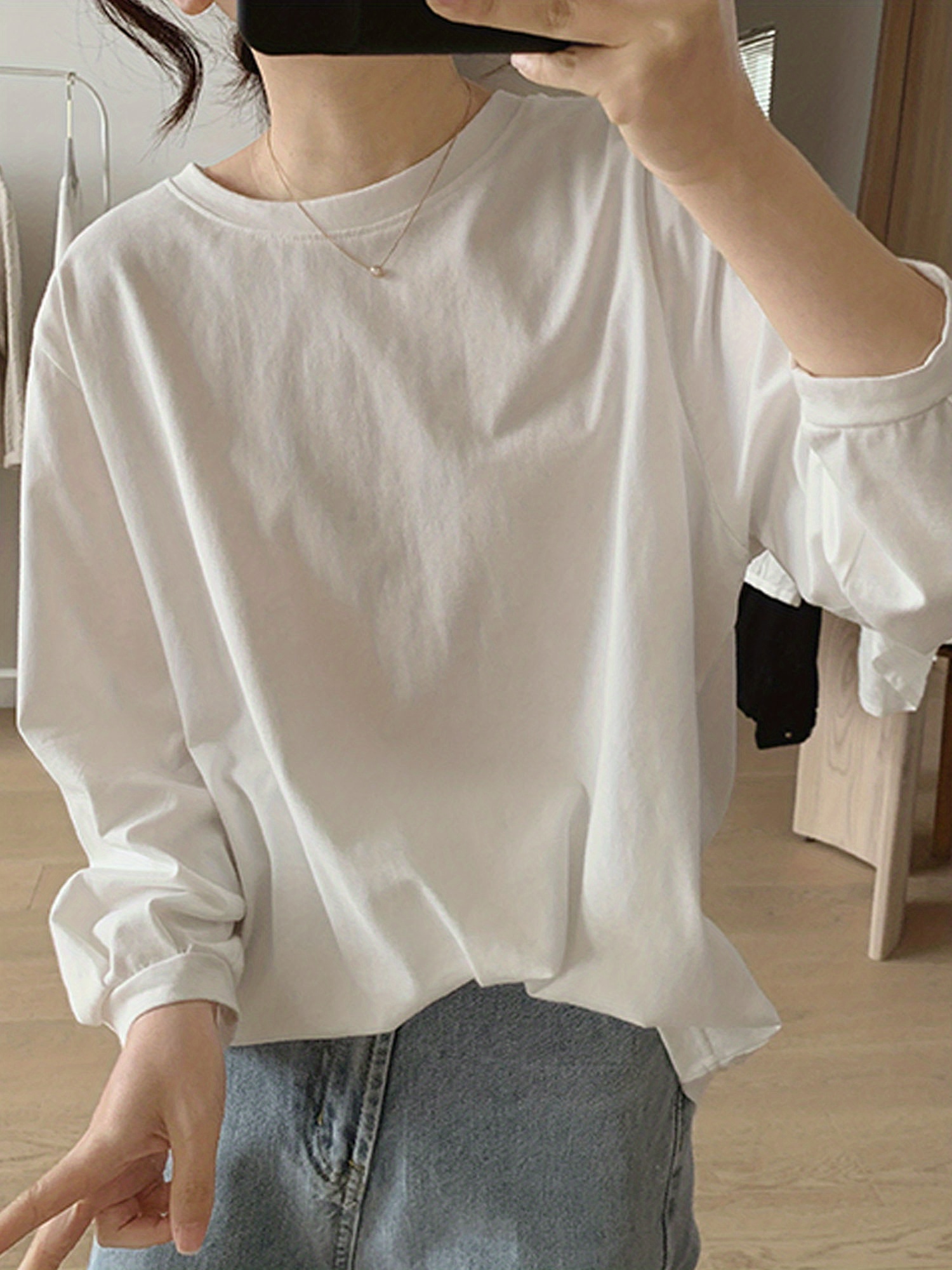 solid versatile t shirt casual crew neck long sleeve t shirt womens clothing details 0