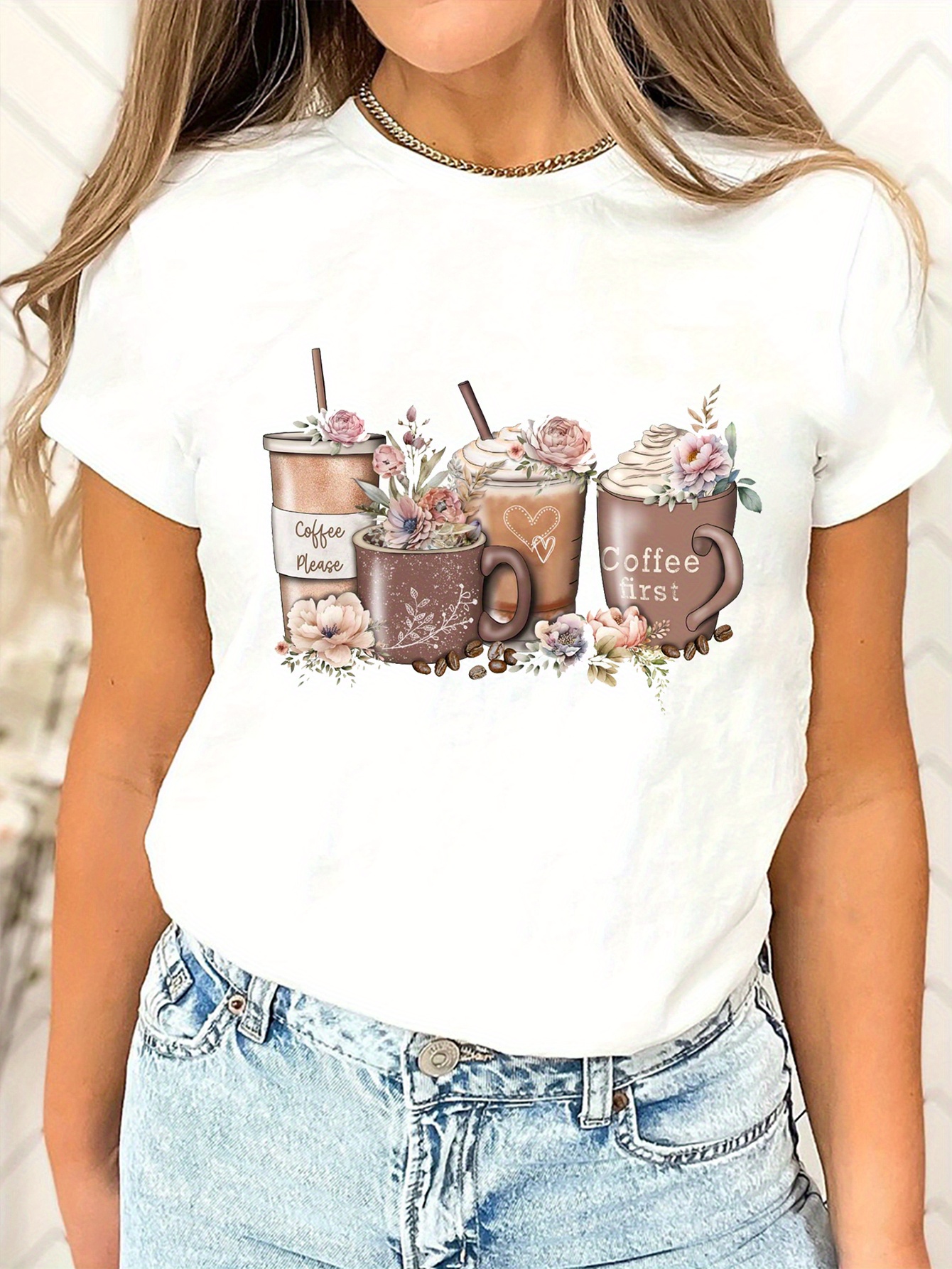 coffee print crew neck t shirt, coffee print crew neck t shirt casual short sleeve t shirt for spring summer womens clothing details 0