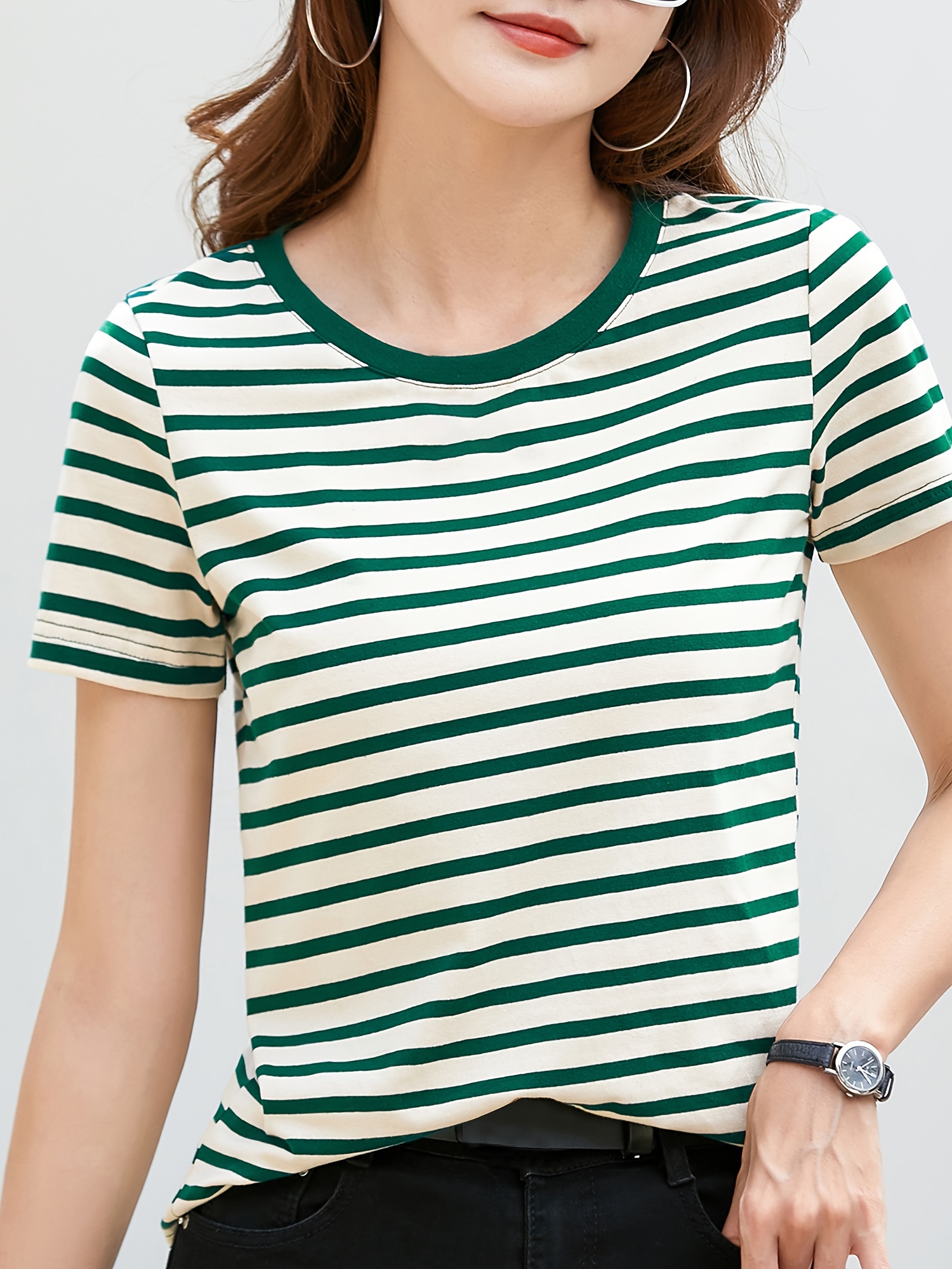 striped print crew neck t shirt casual short sleeve t shirt for spring summer womens clothing details 1