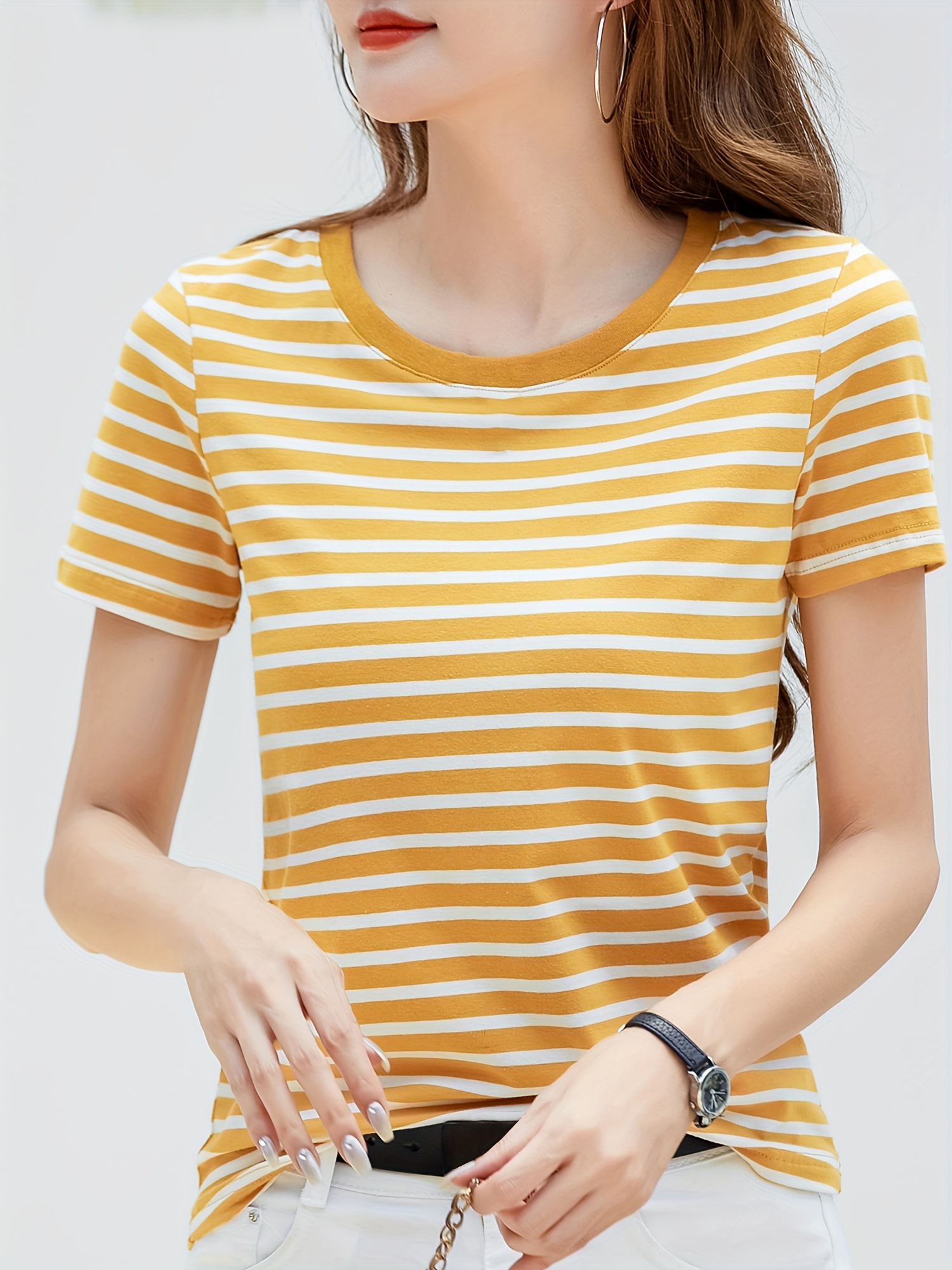 striped print crew neck t shirt casual short sleeve t shirt for spring summer womens clothing details 3