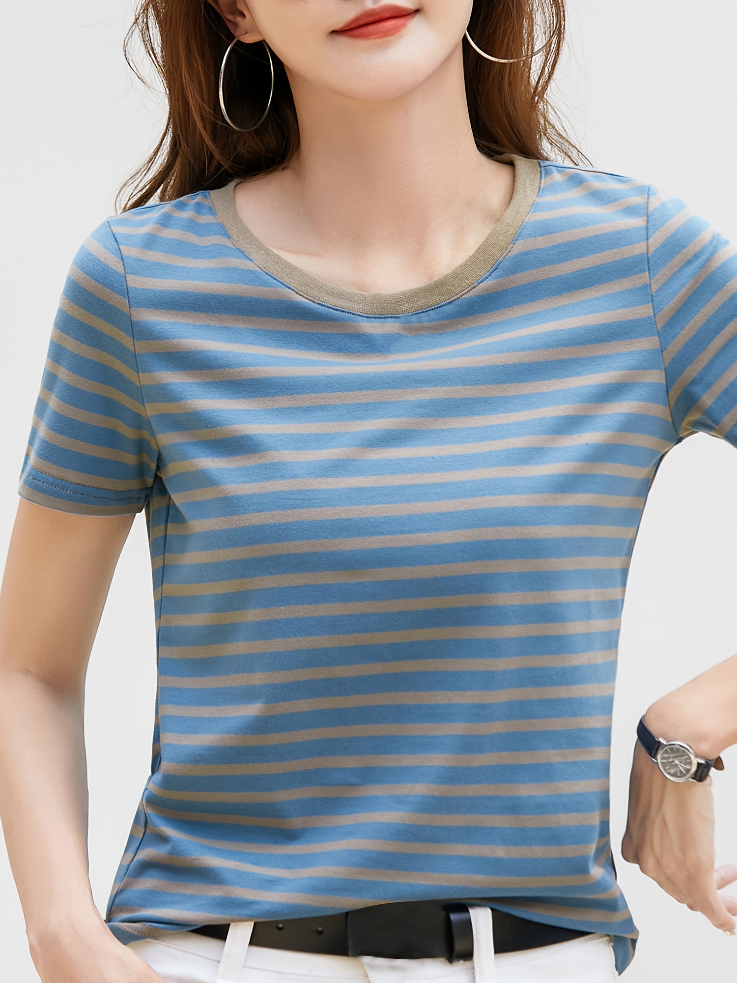 striped print crew neck t shirt casual short sleeve t shirt for spring summer womens clothing details 4