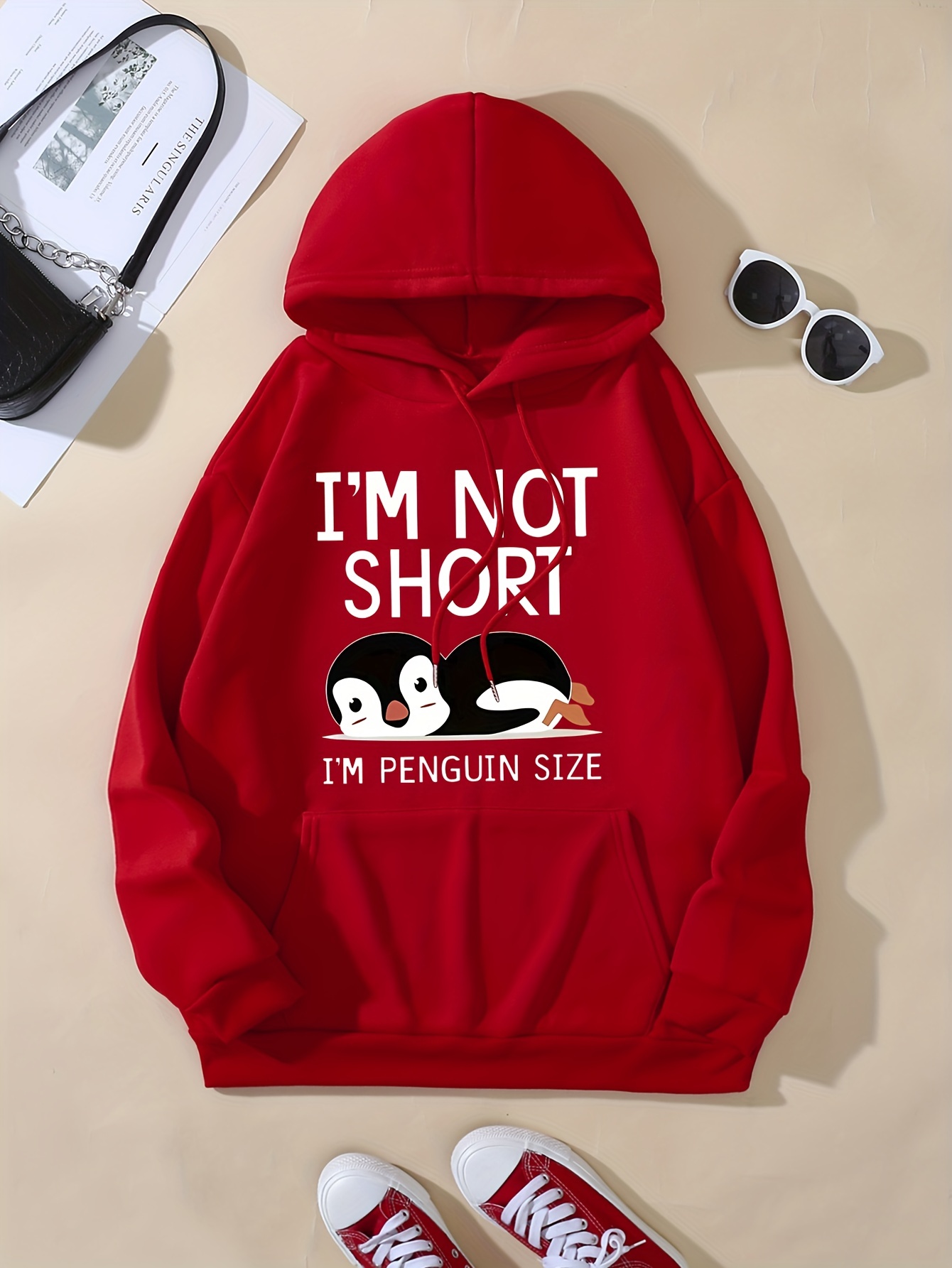 cute penguin print kangaroo pocket hoodie casual long sleeve drawstring hoodies sweatshirt womens clothing details 25