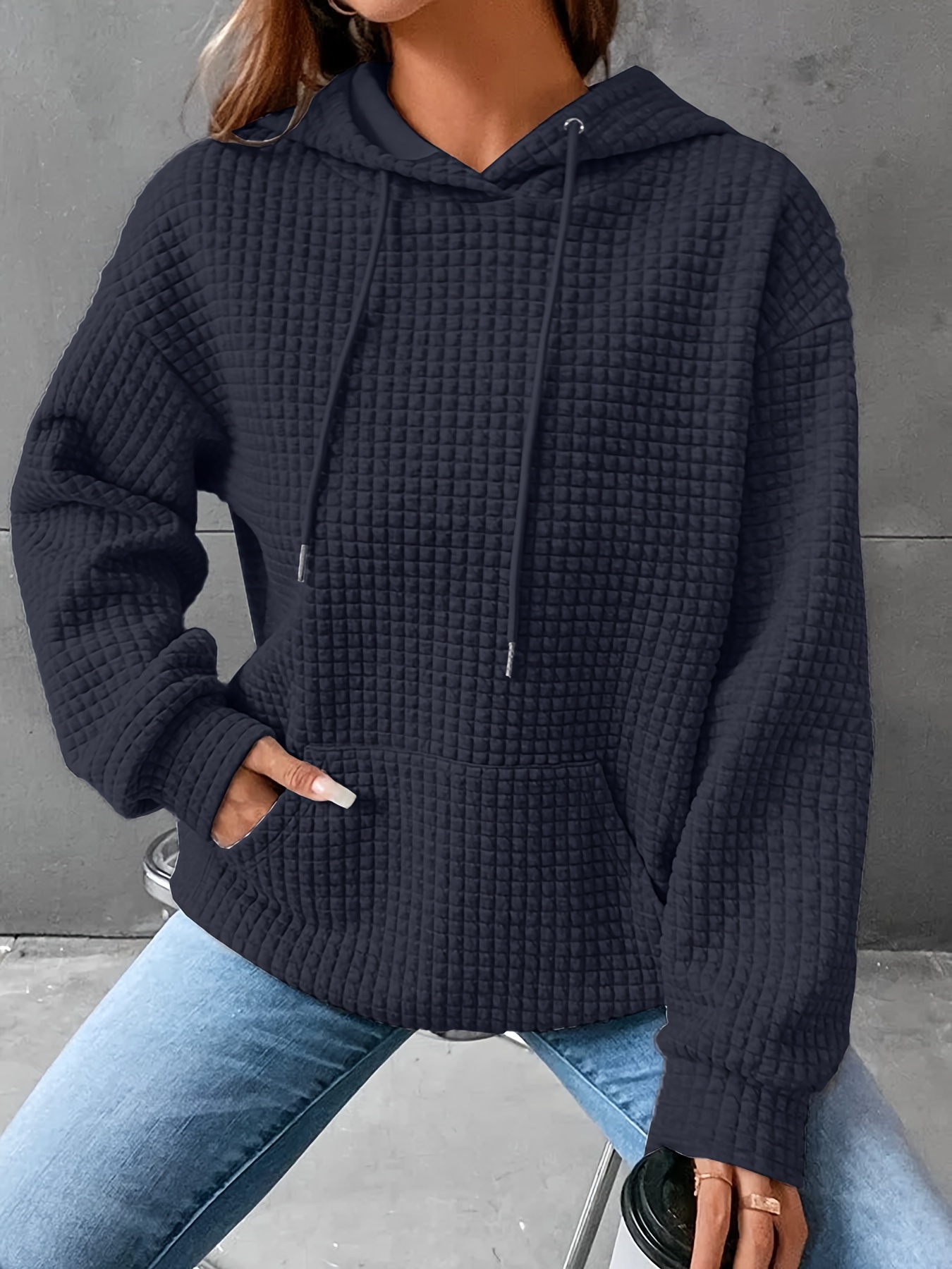 waffle grid kangaroo pocket hoodie, waffle grid kangaroo pocket hoodie casual long sleeve drawstring hoodies sweatshirt womens clothing details 14