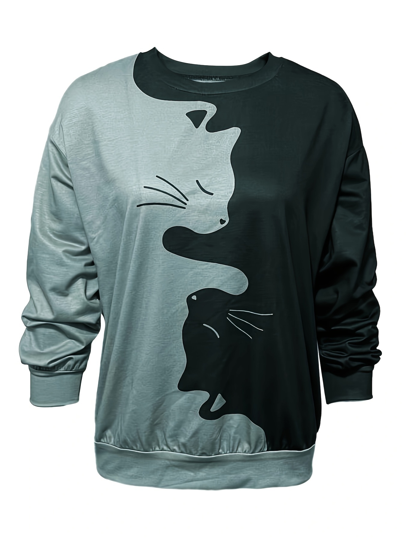 cute cat print crew neck sweatshirt casual long sleeve loose sweatshirt womens clothing details 7