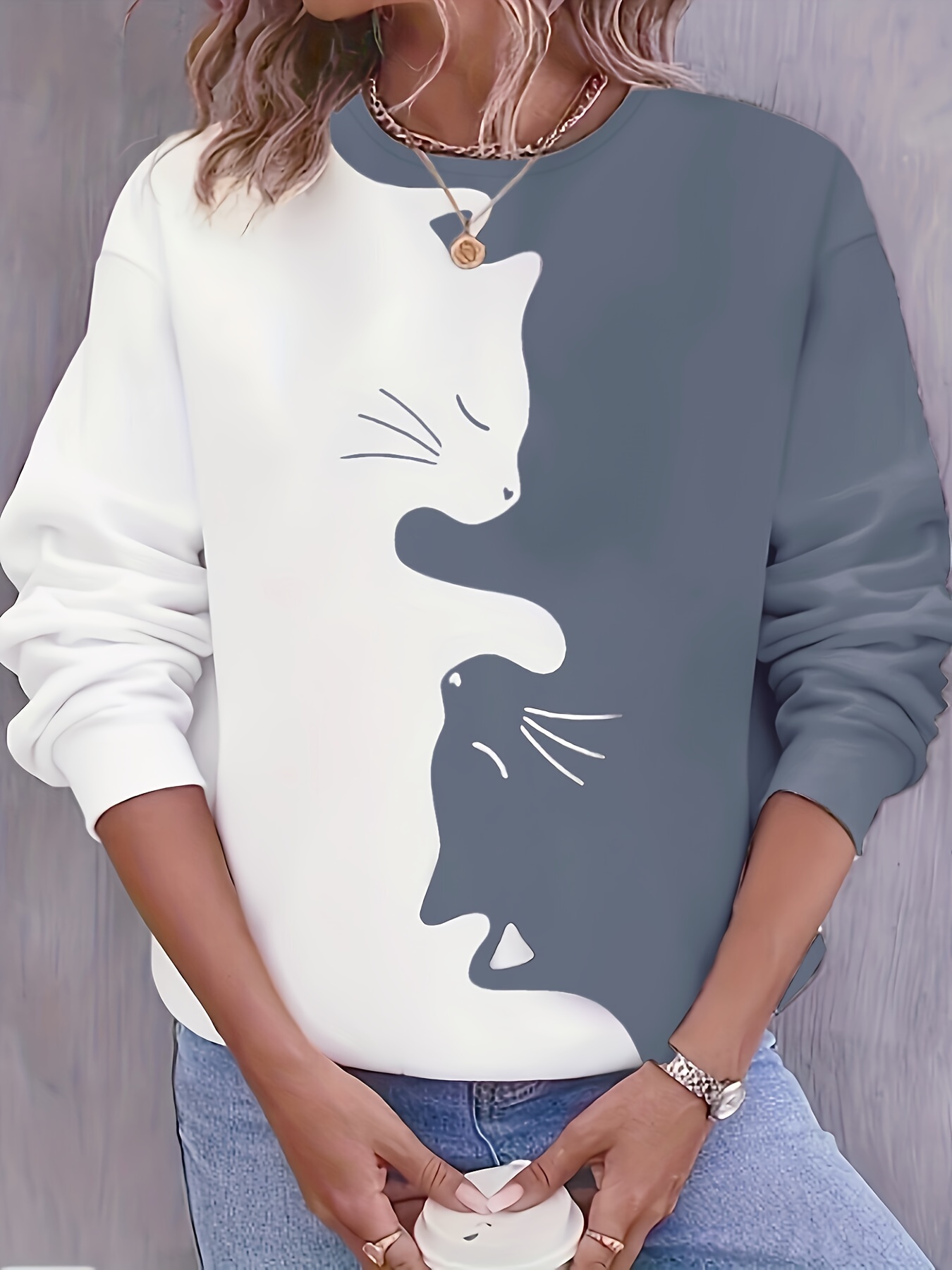 cute cat print crew neck sweatshirt casual long sleeve loose sweatshirt womens clothing details 10