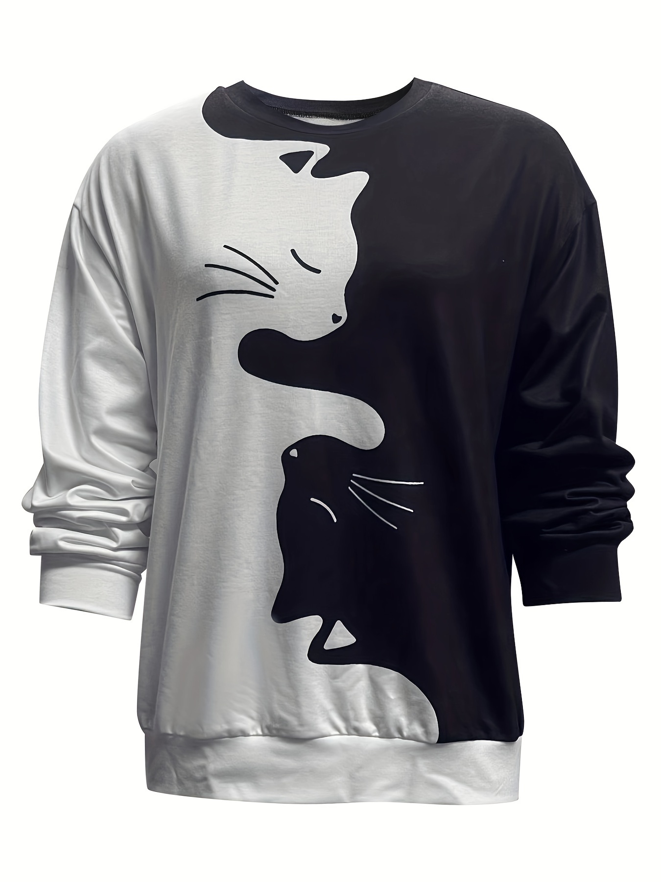 cute cat print crew neck sweatshirt casual long sleeve loose sweatshirt womens clothing details 15