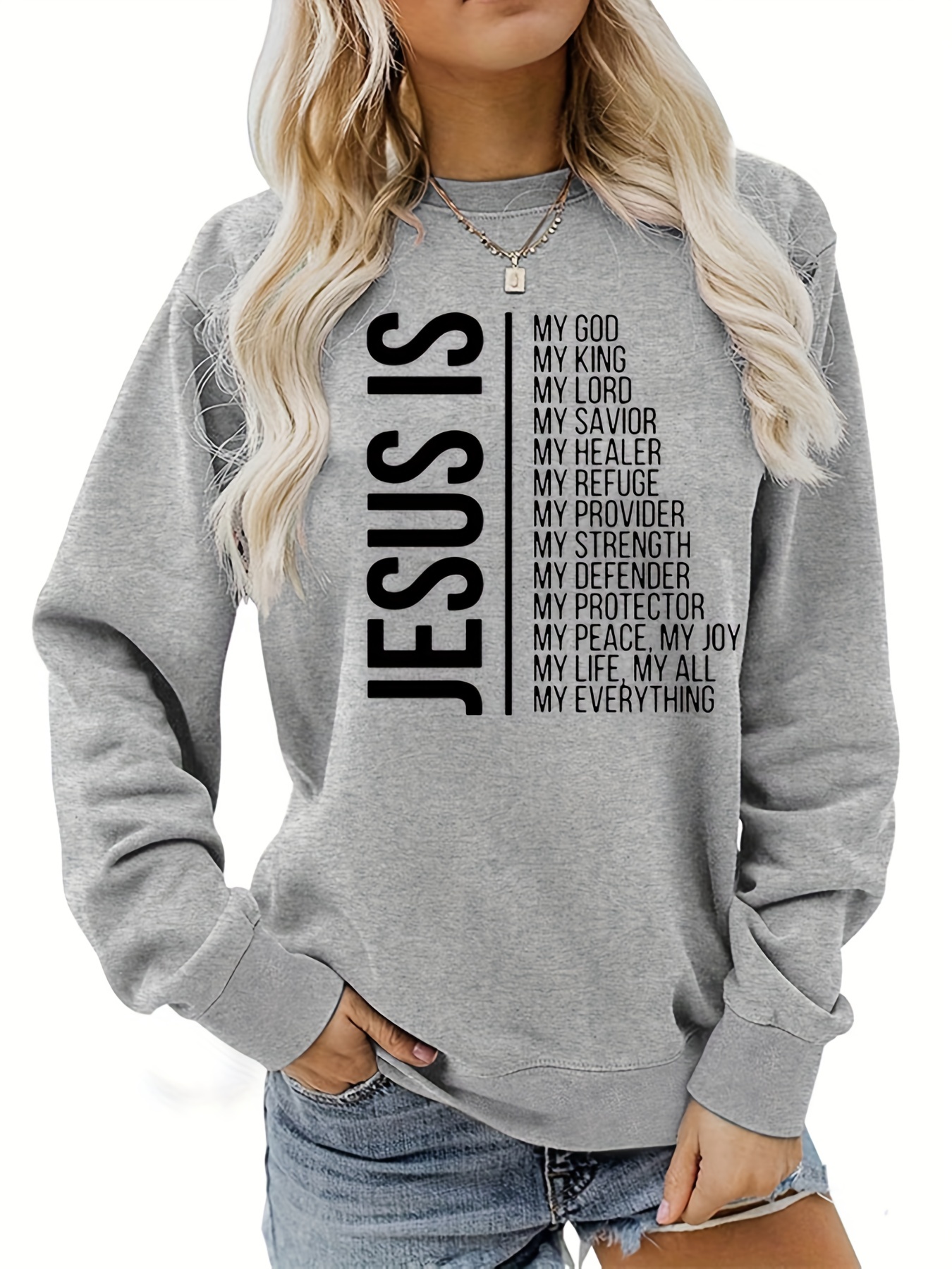 jesus is my everything print sweatshirt casual long sleeve crew neck sweatshirt womens clothing details 5