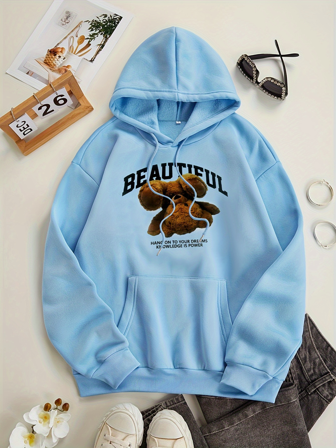 bear print kangaroo pocket hoodie casual long sleeve drawstring hoodies sweatshirt womens clothing details 20