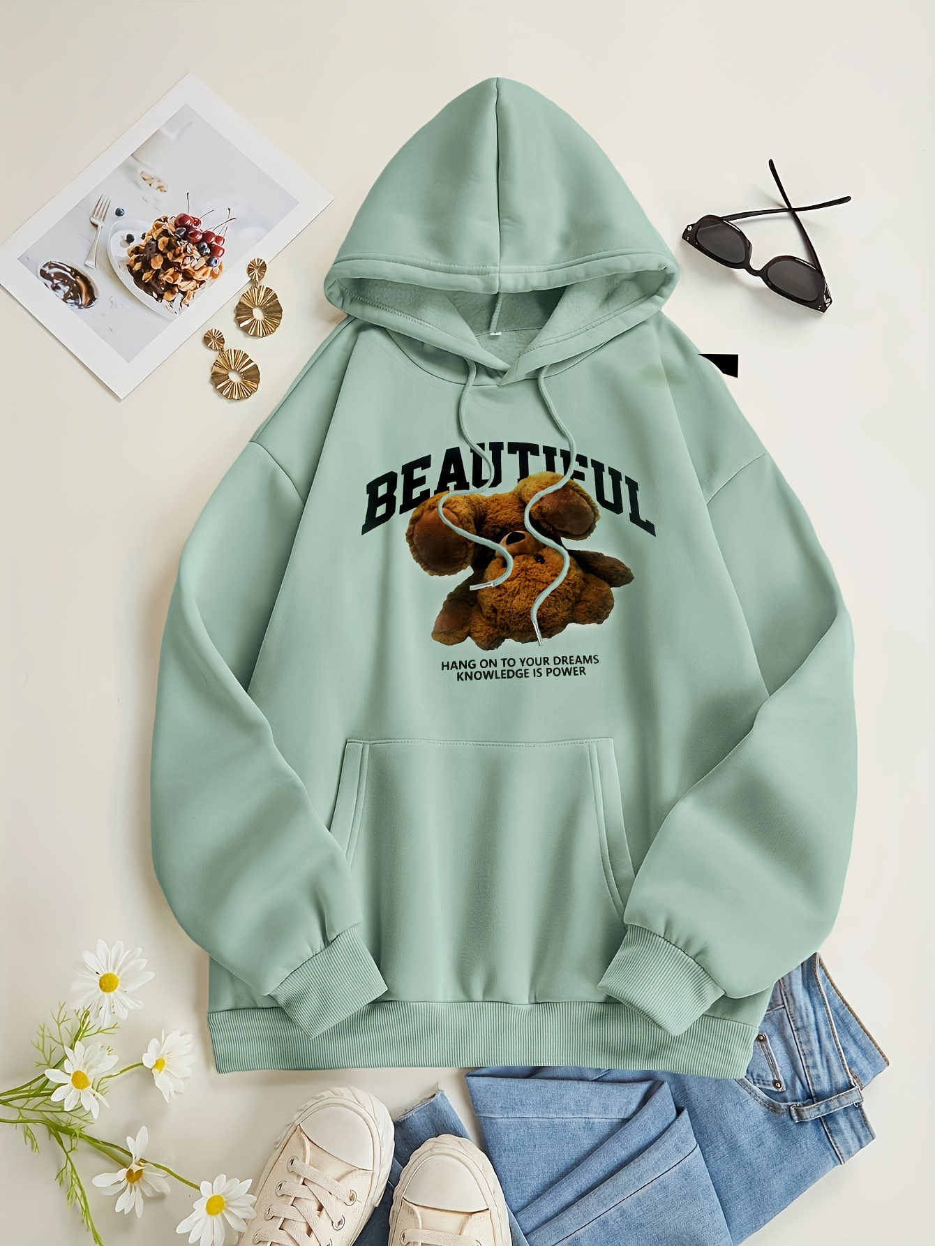 bear print kangaroo pocket hoodie casual long sleeve drawstring hoodies sweatshirt womens clothing details 24