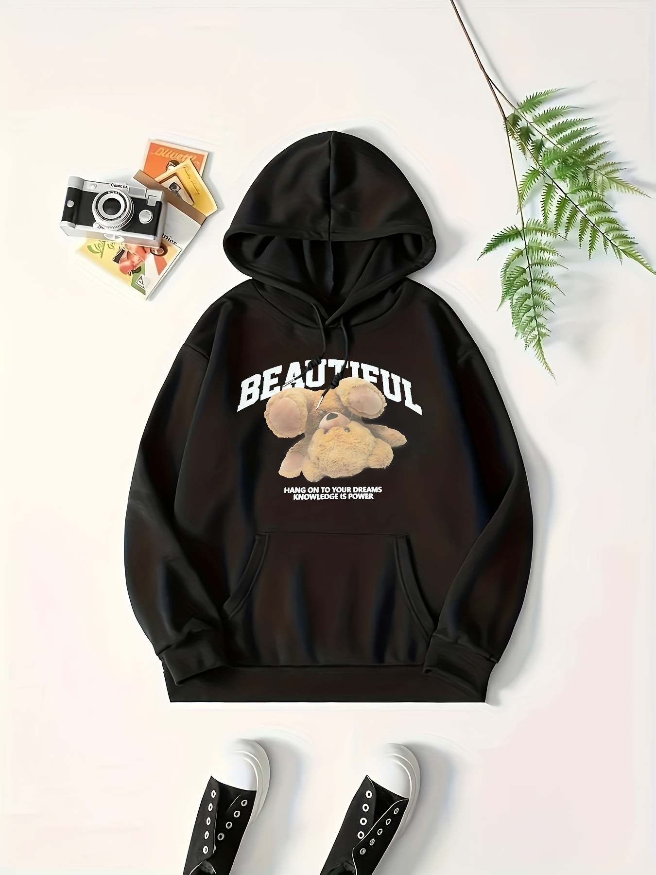 bear print kangaroo pocket hoodie casual long sleeve drawstring hoodies sweatshirt womens clothing details 29