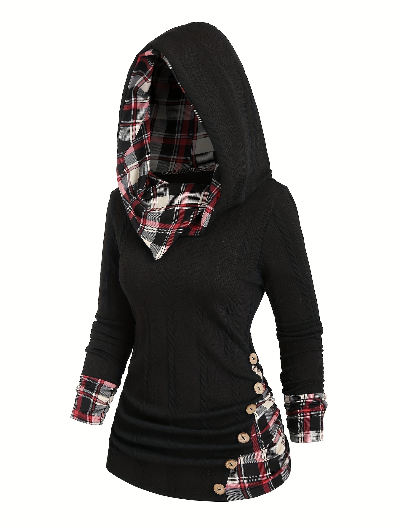 plaid splicing button decor cable hoodie casual long sleeve hoodie womens clothing details 0