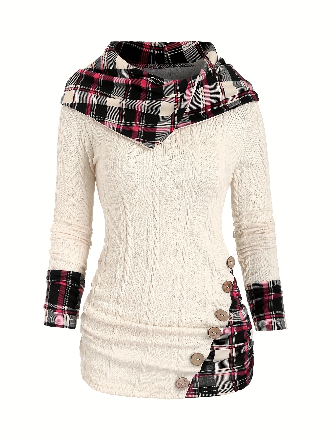 plaid splicing button decor cable hoodie casual long sleeve hoodie womens clothing details 10