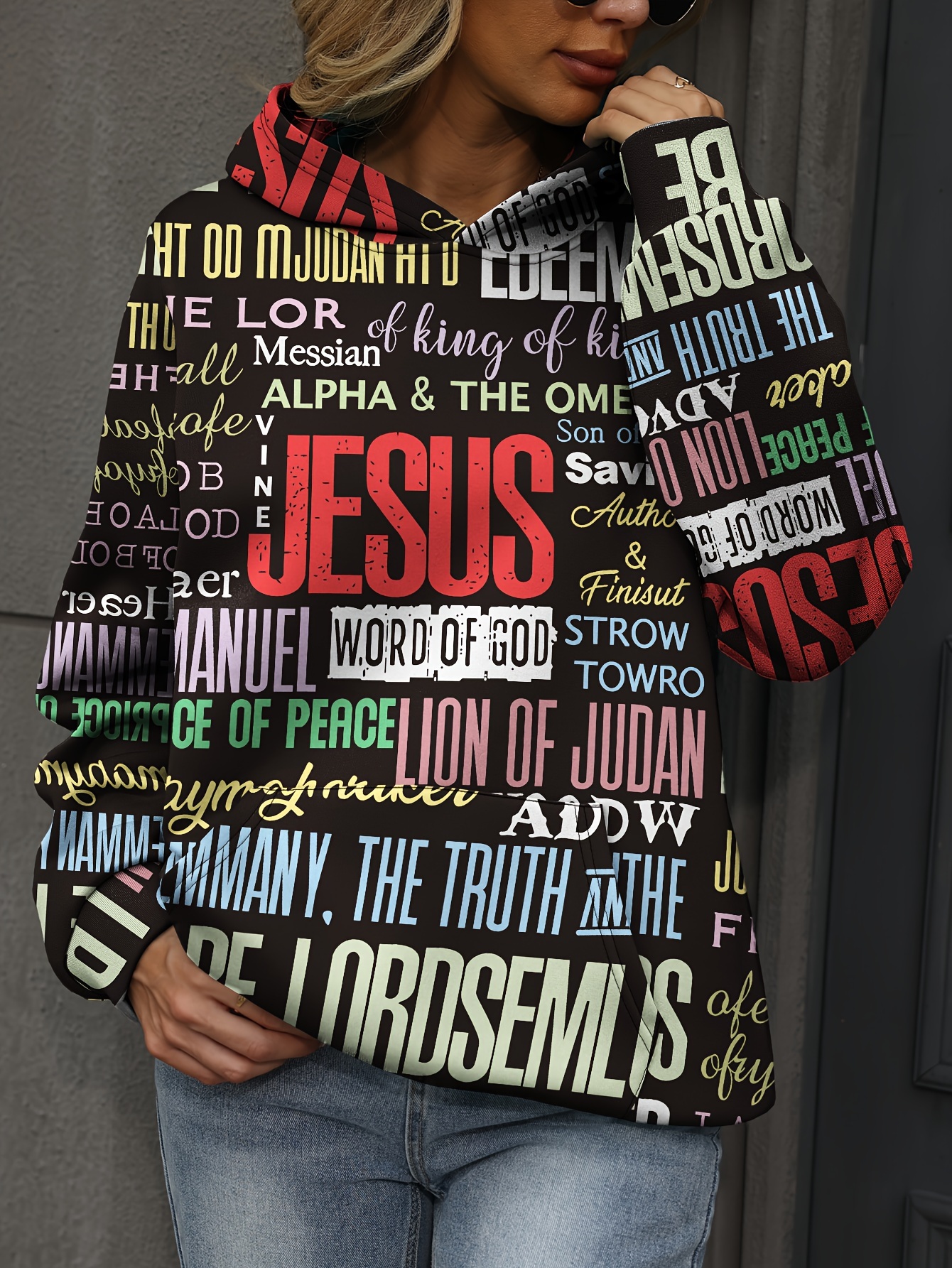 jesus letter print hoodies casual kangaroo pocket long sleeve sweatshirt womens clothing details 18