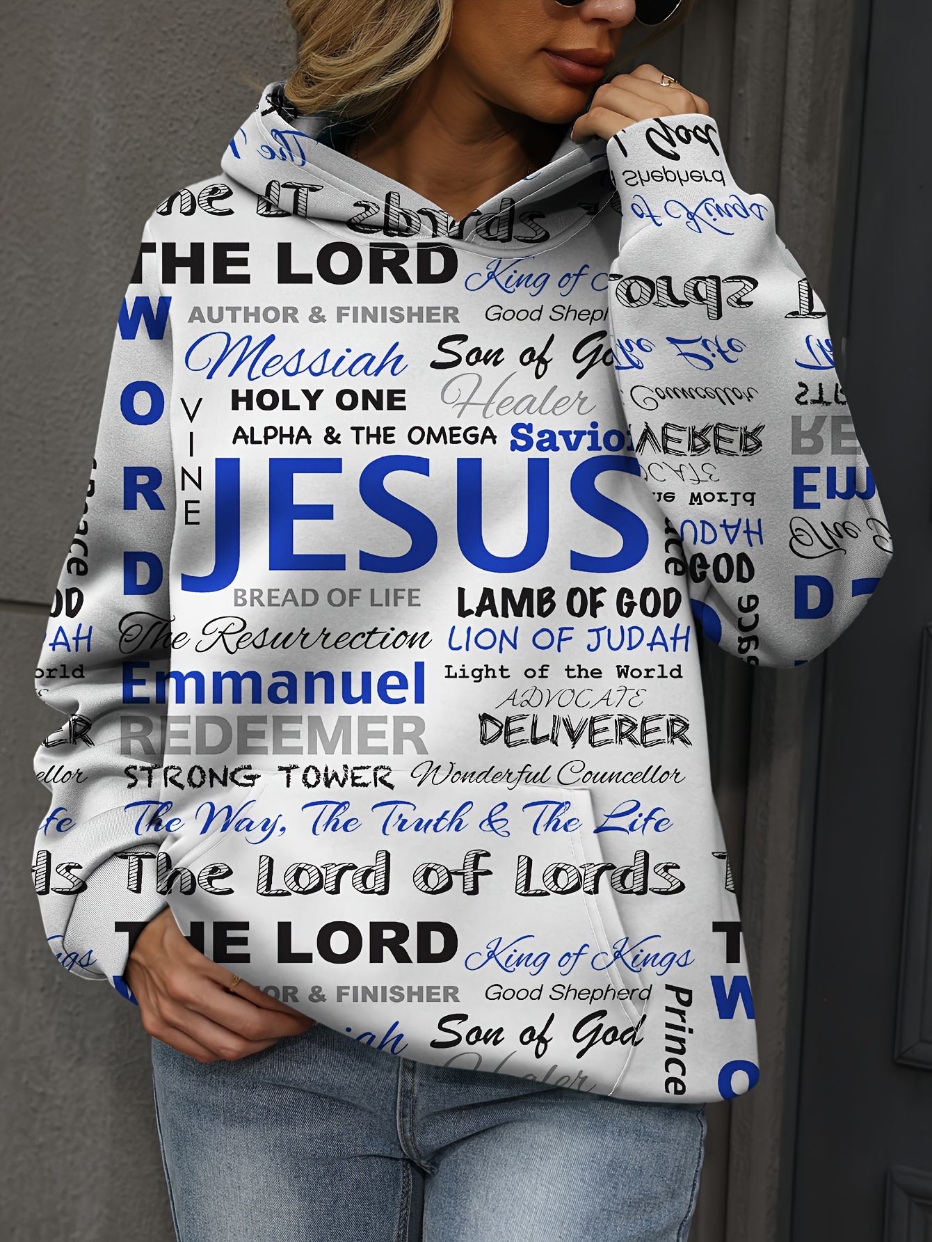 jesus letter print hoodies casual kangaroo pocket long sleeve sweatshirt womens clothing details 21