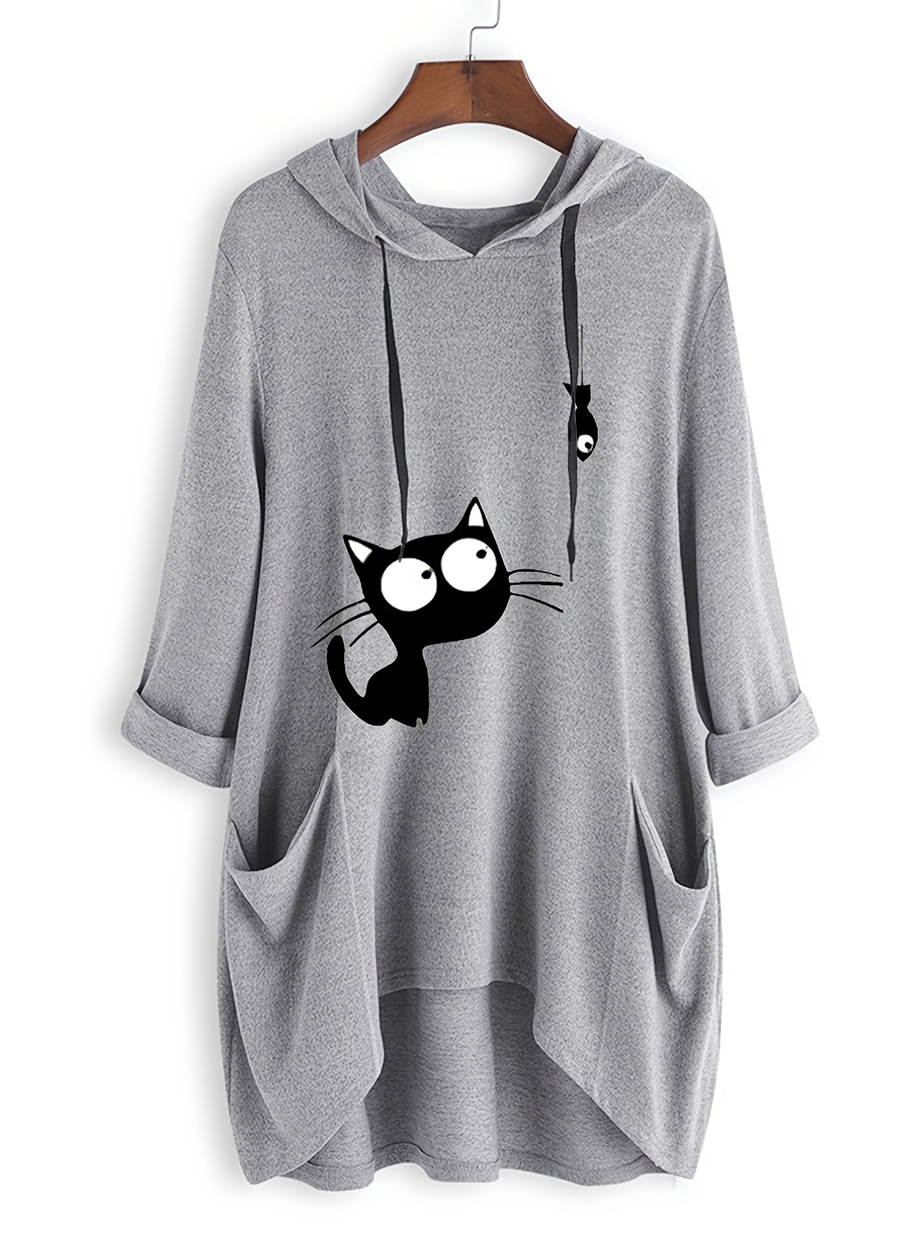 cat print dual pockets drawstring hoodie casual long sleeve hoodies sweatshirt womens clothing details 0