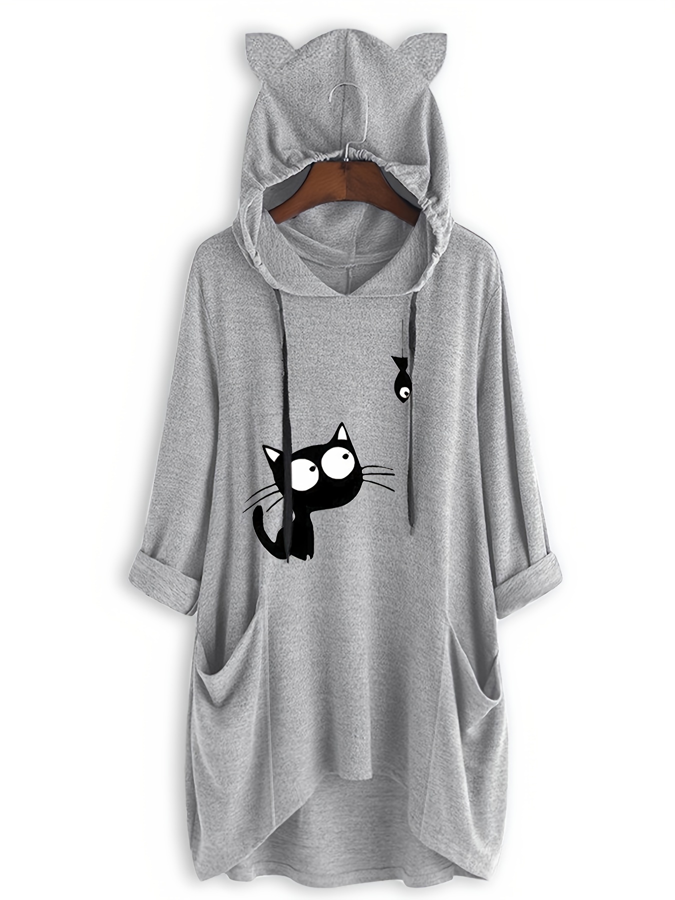 cat print dual pockets drawstring hoodie casual long sleeve hoodies sweatshirt womens clothing details 1