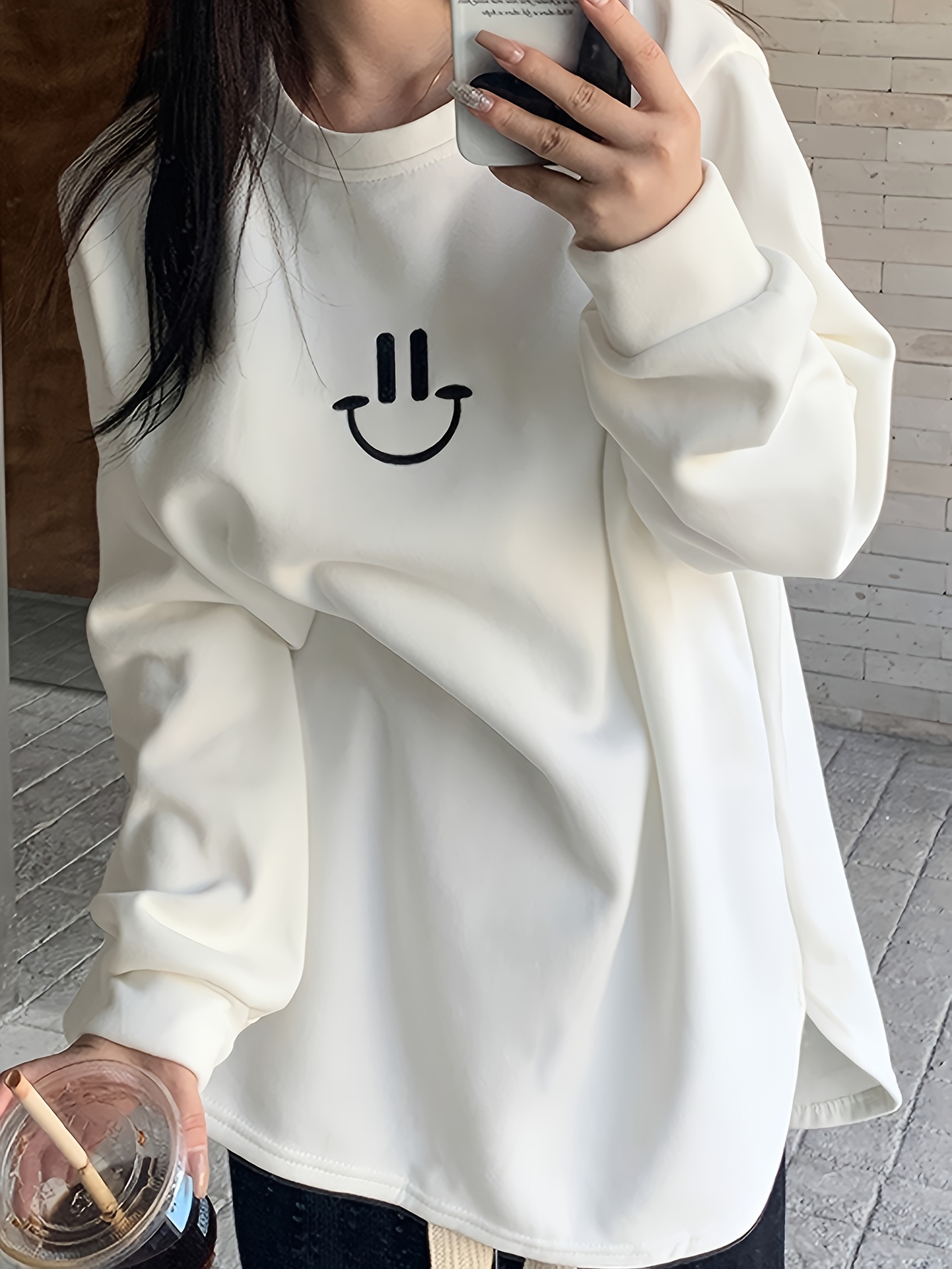 smile face print pullover sweatshirt casual long sleeve crew neck sweatshirt for fall winter womens clothing details 7