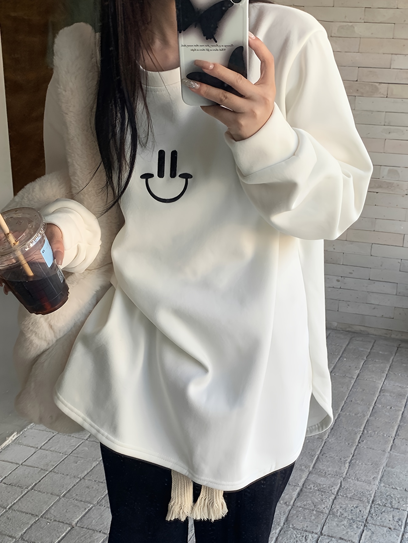 smile face print pullover sweatshirt casual long sleeve crew neck sweatshirt for fall winter womens clothing details 9