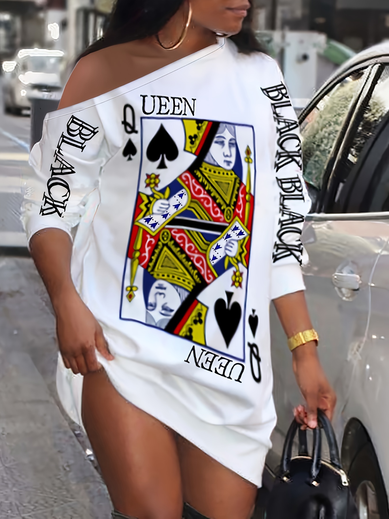 slant shoulder queen poker print dress long sleeve casual dress for fall spring womens clothing details 1