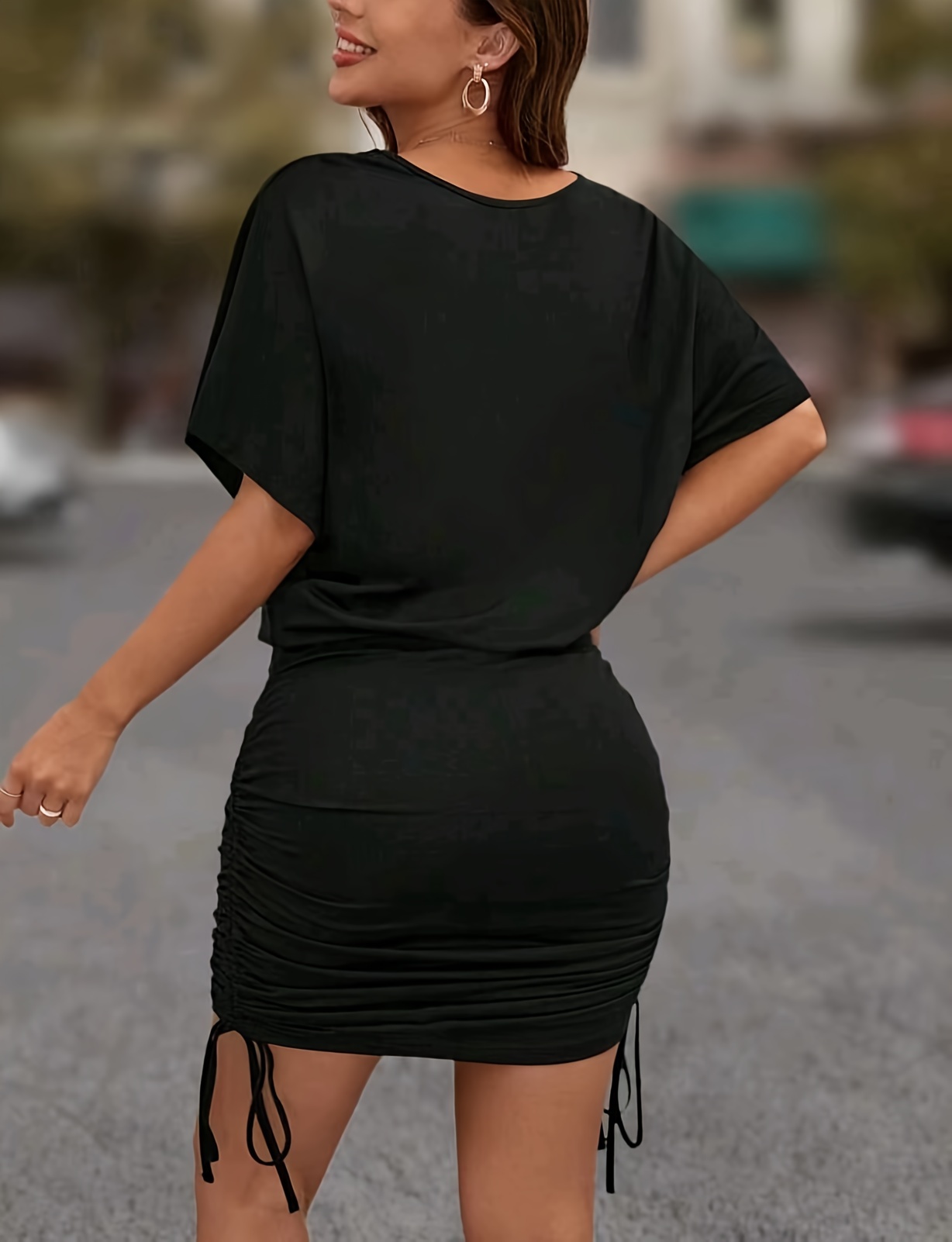 solid bat sleeve drawstring side ruched dress round neck bodycon dresses womens clothing details 1