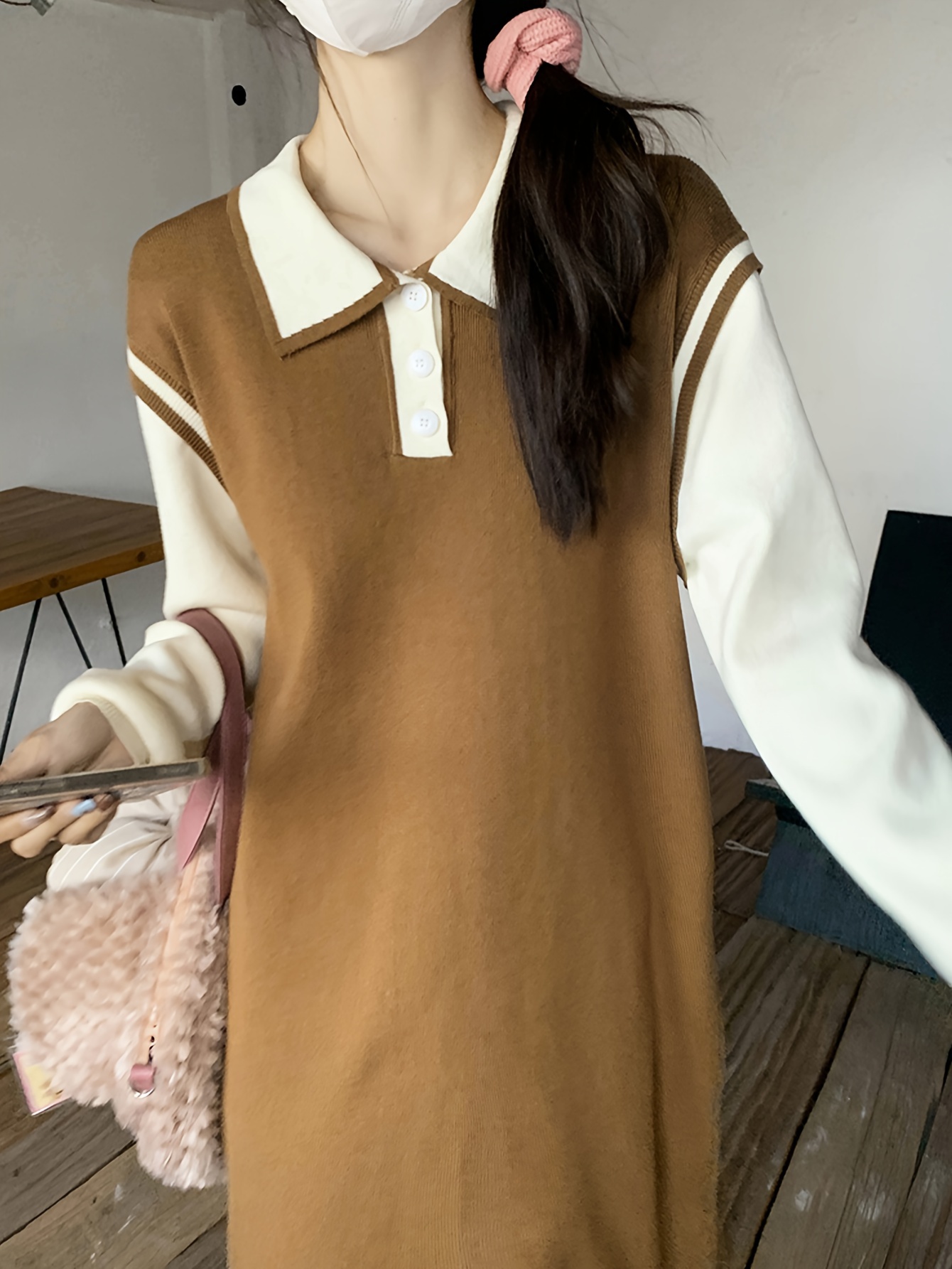 Colorblock Button Detail Sweater Dress, Long Sleeve Lapel Collar Casual Dress, Women s Clothing details 4