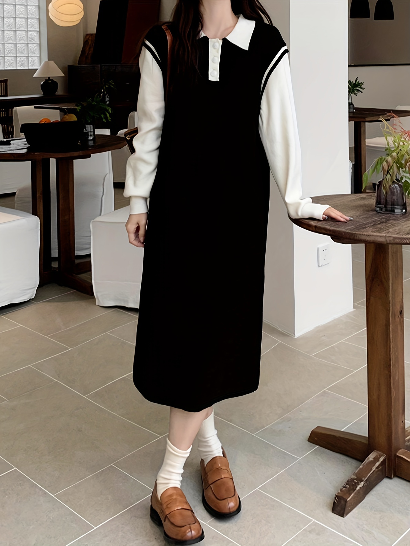 Colorblock Button Detail Sweater Dress, Long Sleeve Lapel Collar Casual Dress, Women s Clothing details 9