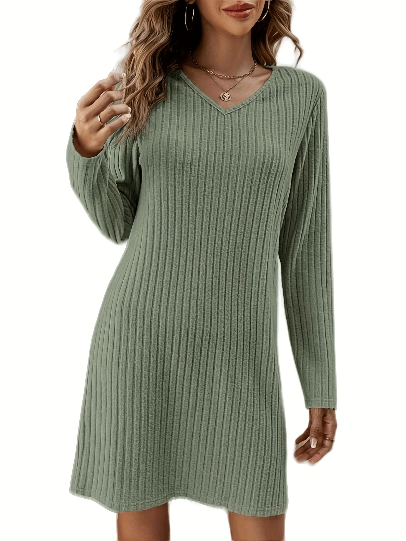 solid v neck dress casual long sleeve dress for spring fall womens clothing details 5