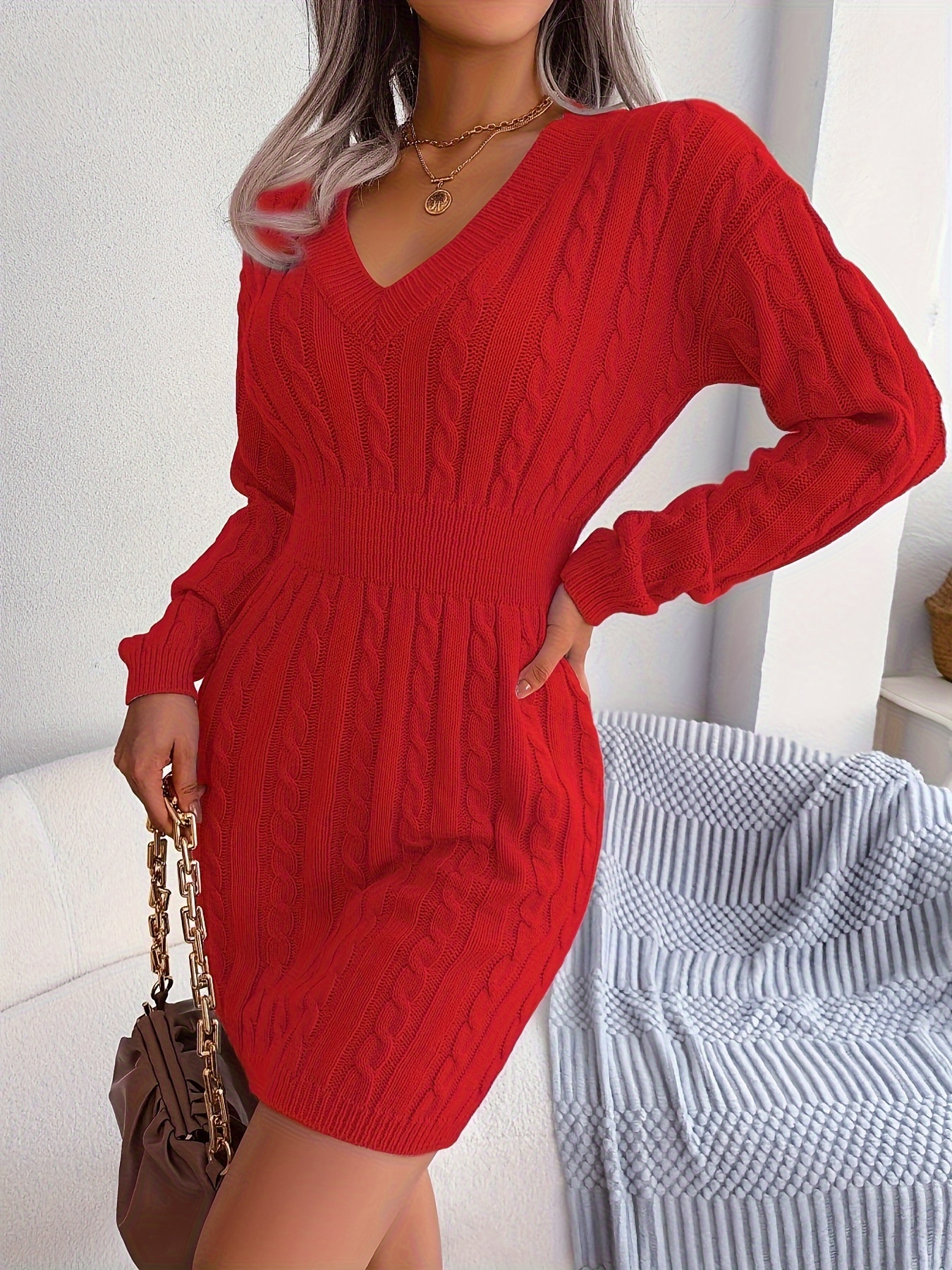 cable knit sweater dress casual v neck long sleeve bag hip dress womens clothing details 2