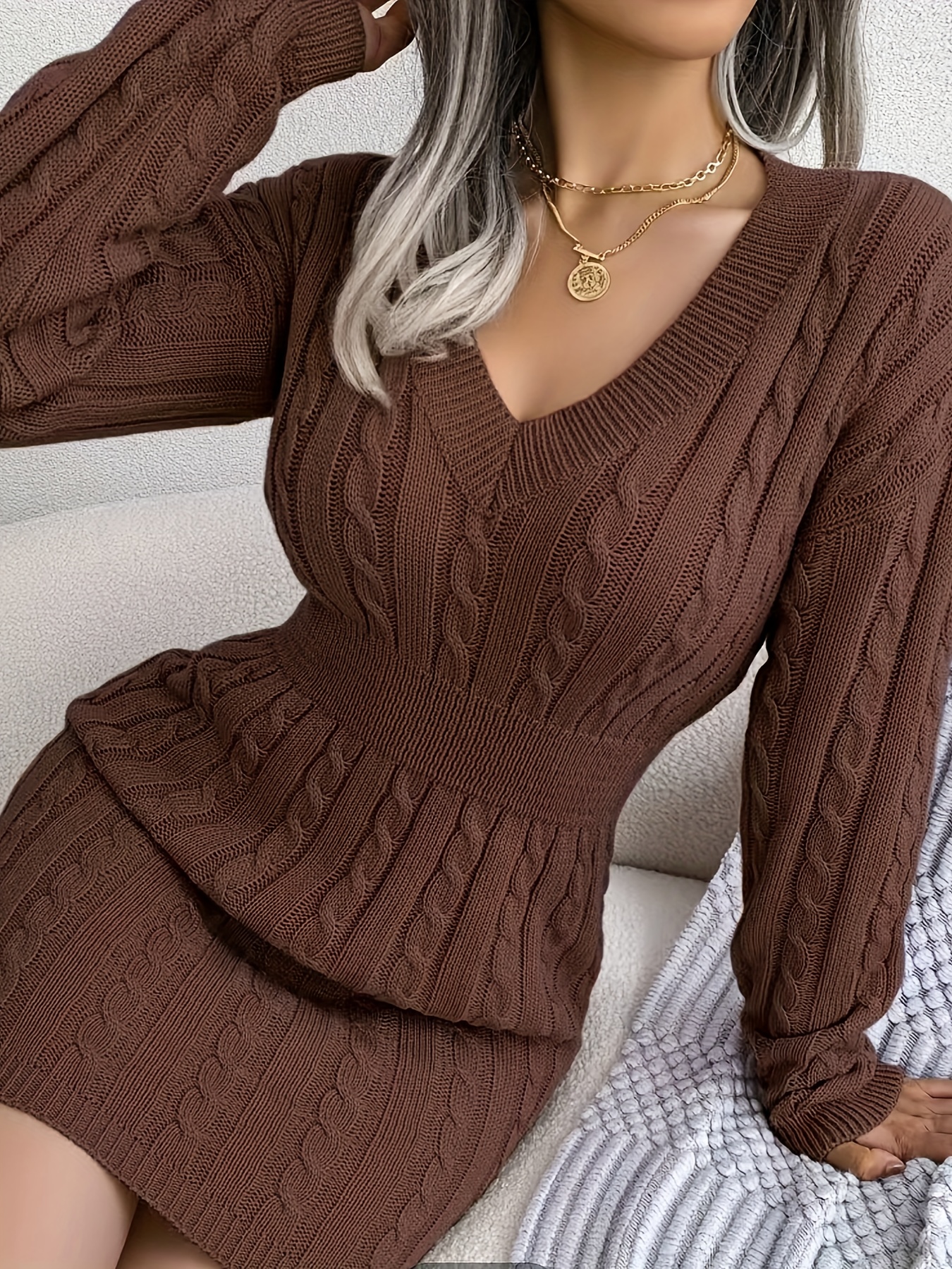 cable knit sweater dress casual v neck long sleeve bag hip dress womens clothing details 7