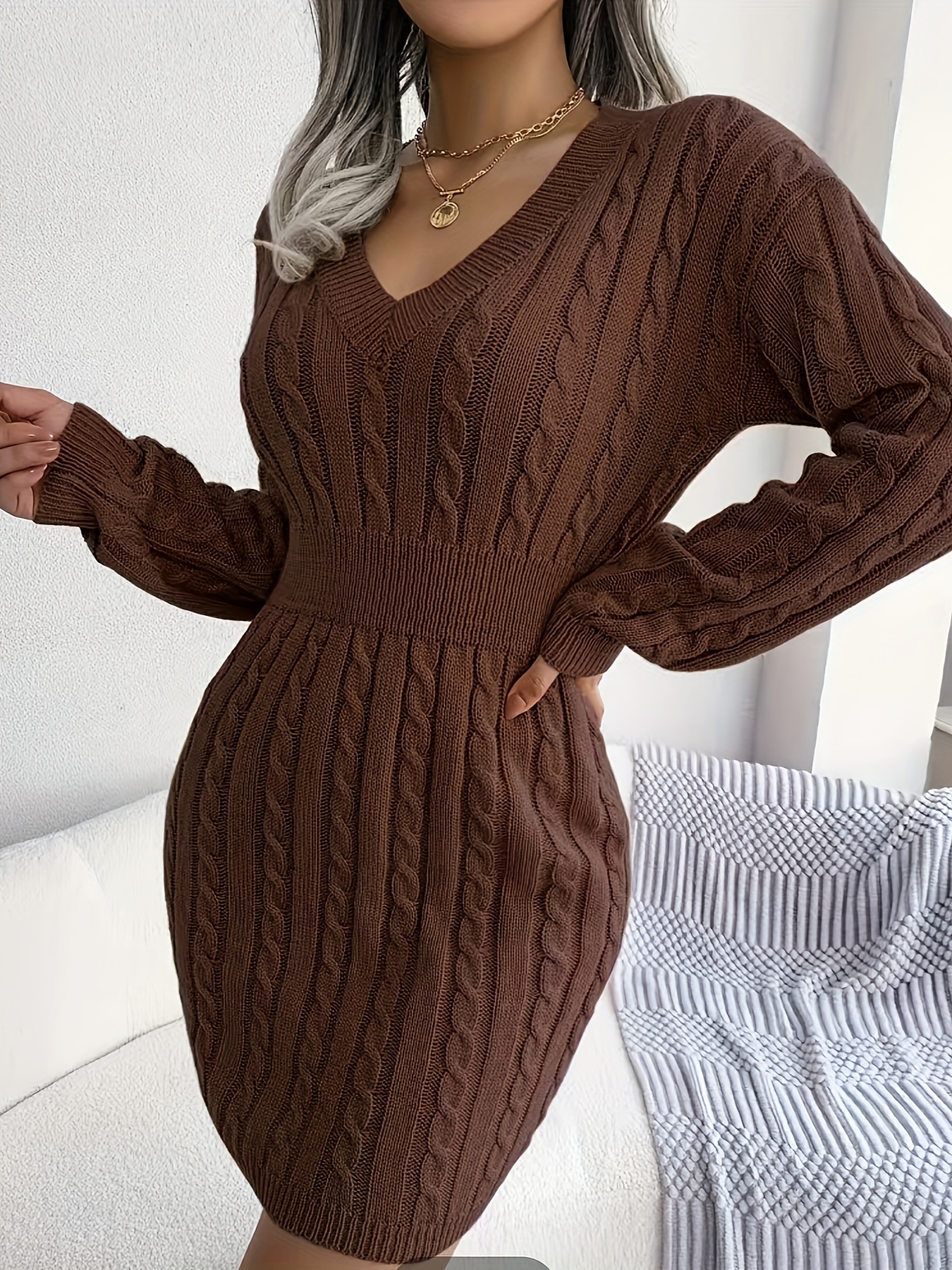 cable knit sweater dress casual v neck long sleeve bag hip dress womens clothing details 10