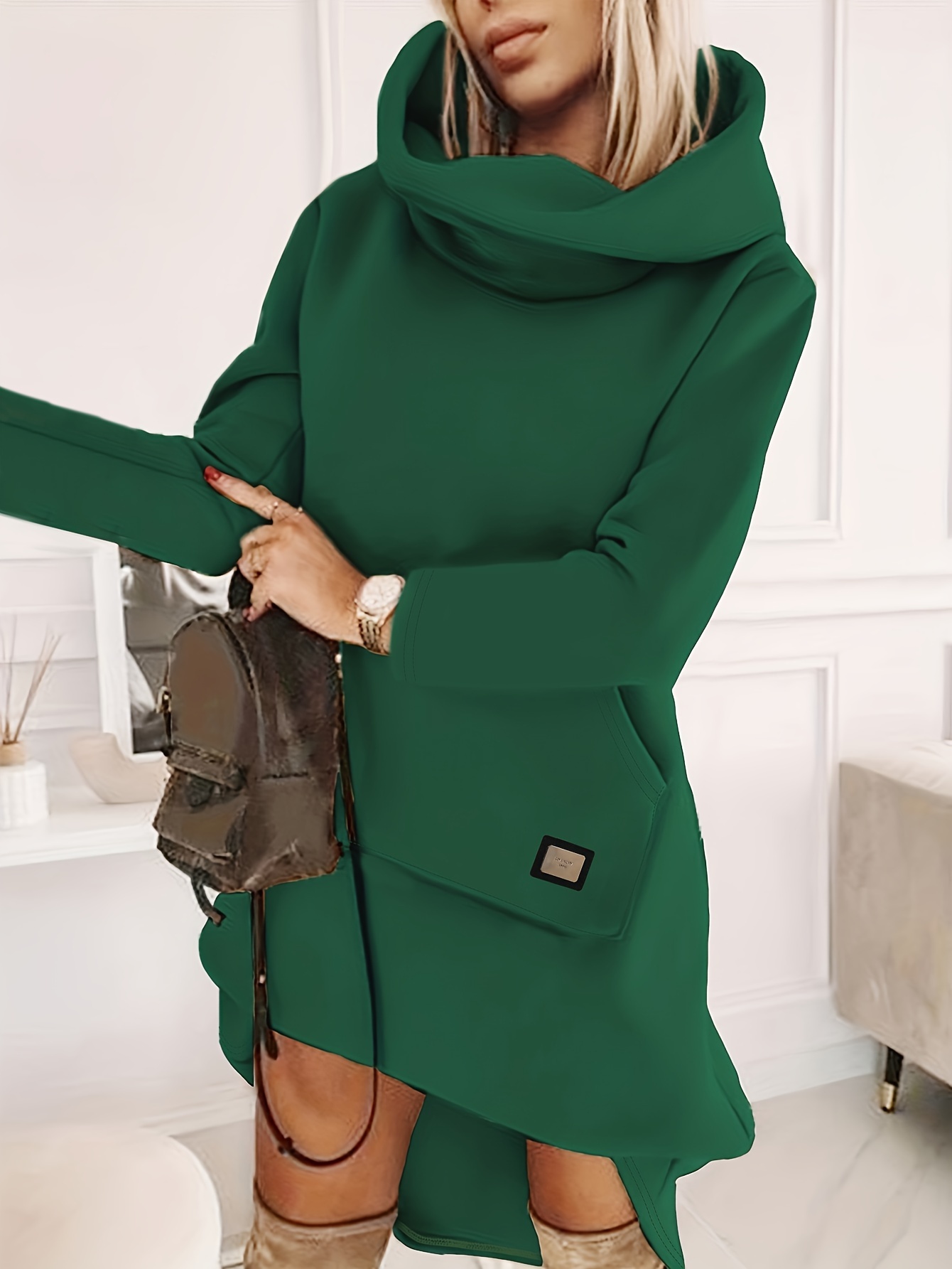 hooded solid sweatshirt dress casual long sleeve kangaroo pocket midi dress womens clothing details 0